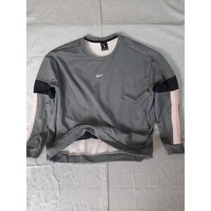 Nike Women's Large Gray Black Logo Print Pockets Fleece Pullover Crew Sweater